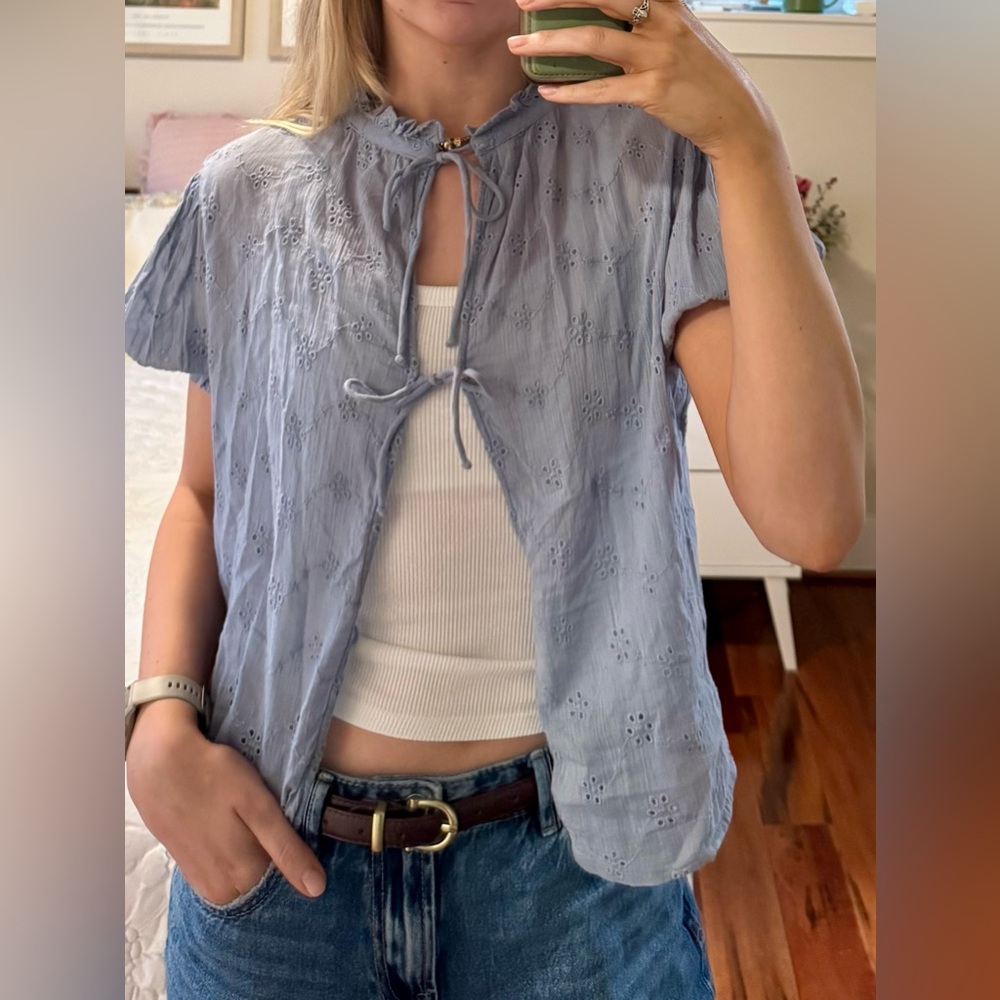 Free People Pale Blue Eyelet Tie-Front Top